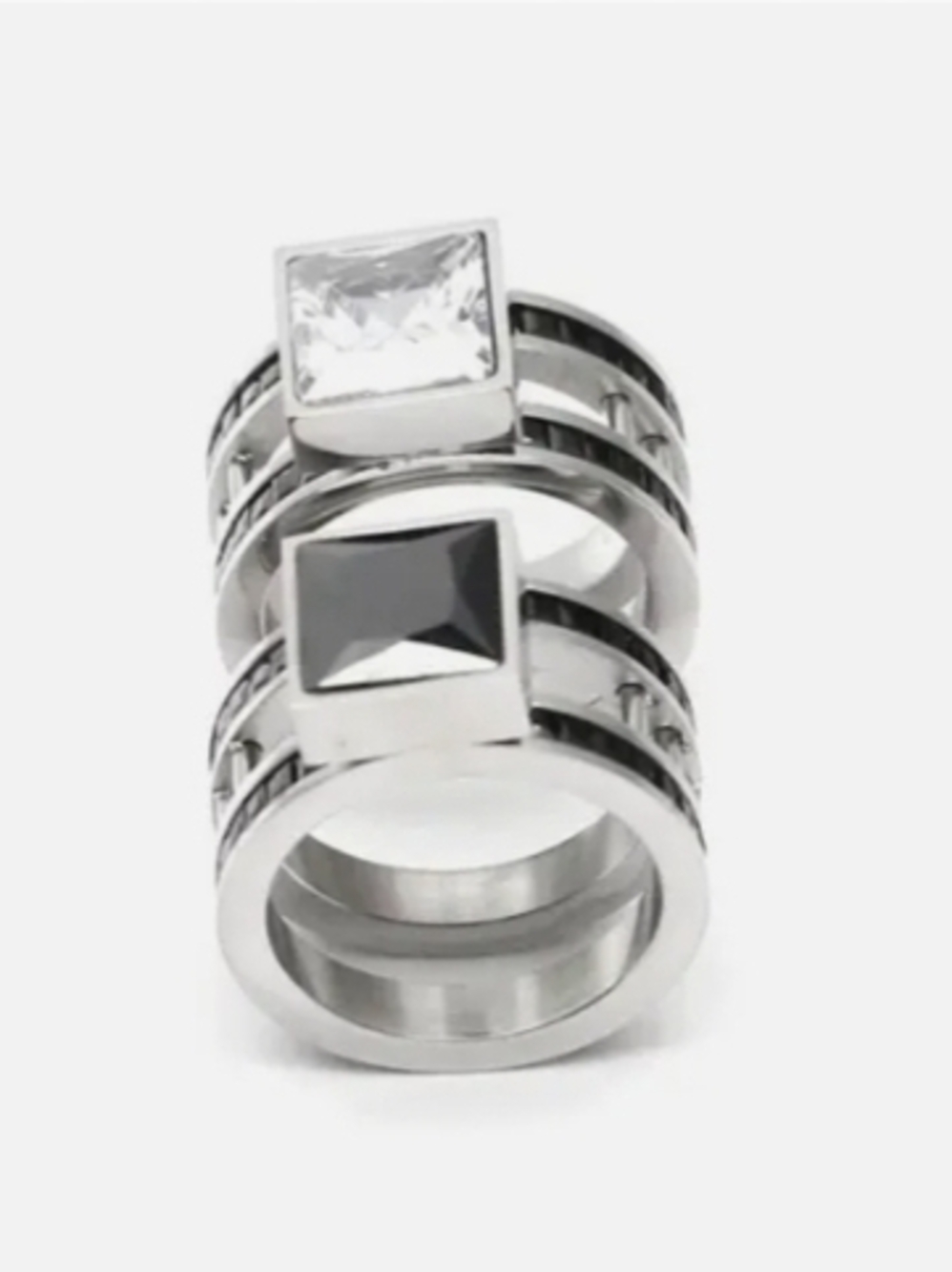 stainless steel-Tone Double Square Stackable Ring with Clear and Black Stones